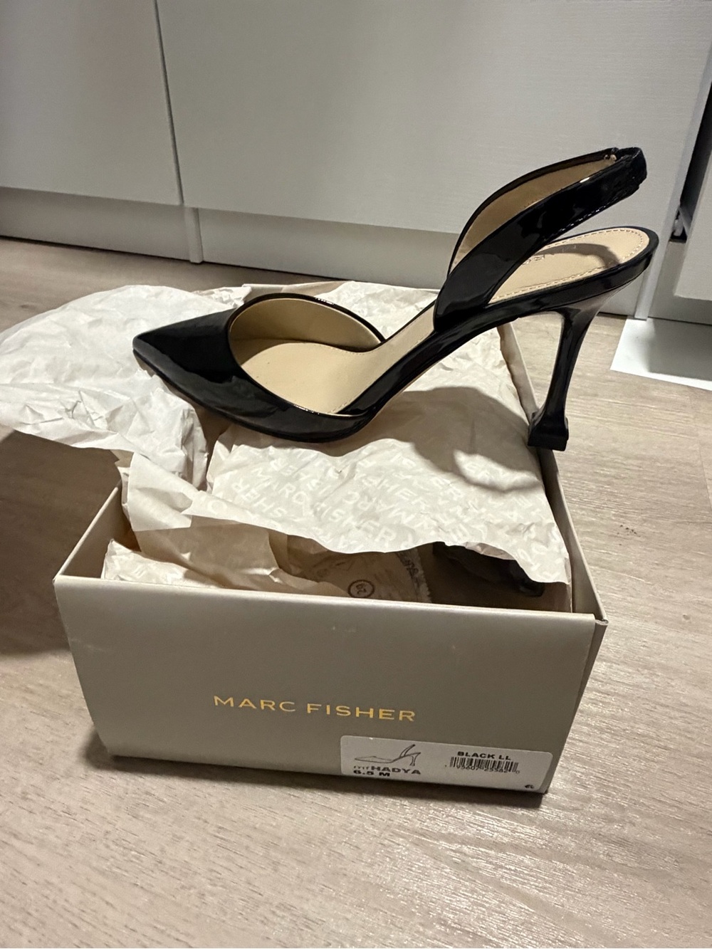 Marc Fisher Black Patent Slingback Pointed Pumps with Sculpted Heel